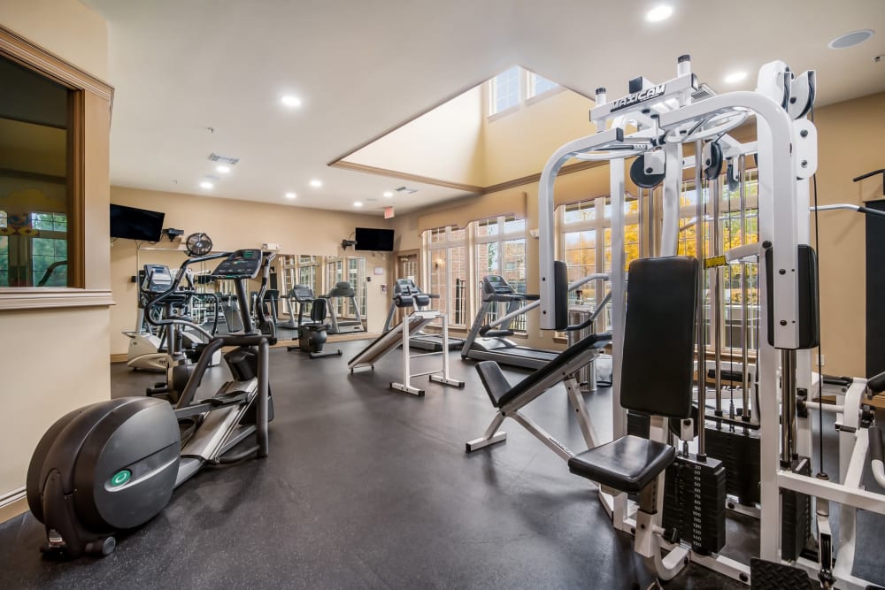 The gym with workout equipment at Central Park Estates in Novi, Michigan
