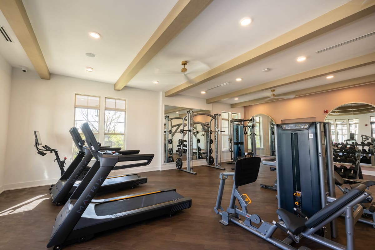Indoor fitness area with treadmills, smith machine, weight machines, leg press, free weights and mirrors