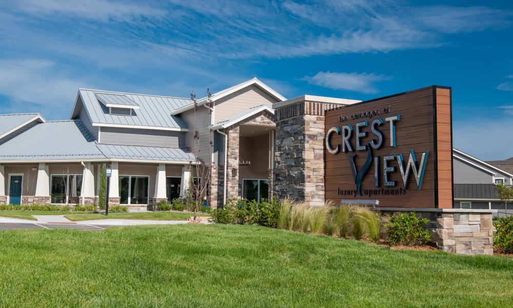 Signage and clubhouse at Cottages at Crestview in Wichita, Kansas