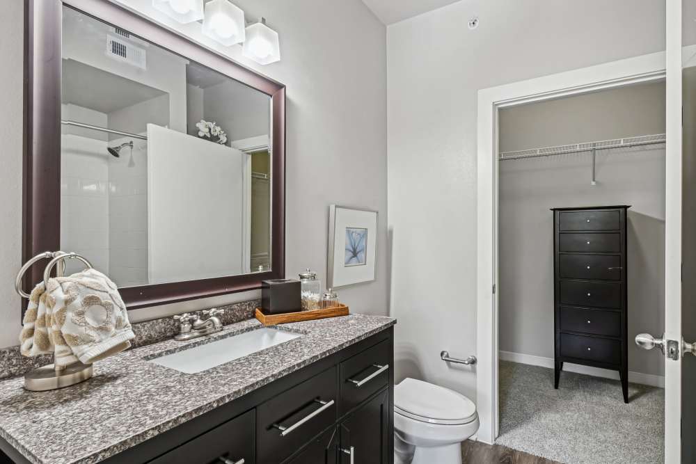 Bright bathroom with shower and tub at Flatiron District at Austin Ranch in The Colony, Texas