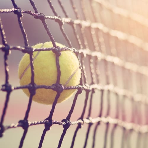 A tennis ball hitting a net on a court near Gateway Village in San Diego, California