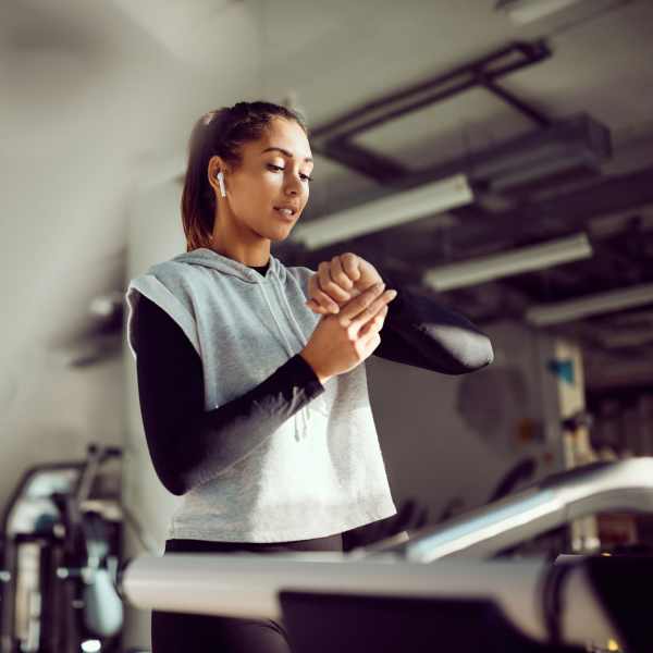 A resident works out in the fitness center at Messenger Place, Manassas, Virginia