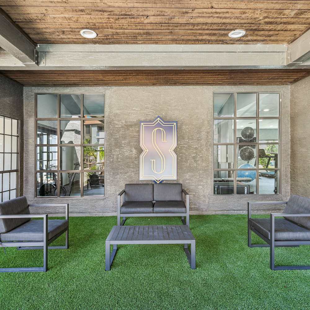 Exterior community seating space at Strada in Tempe, Arizona