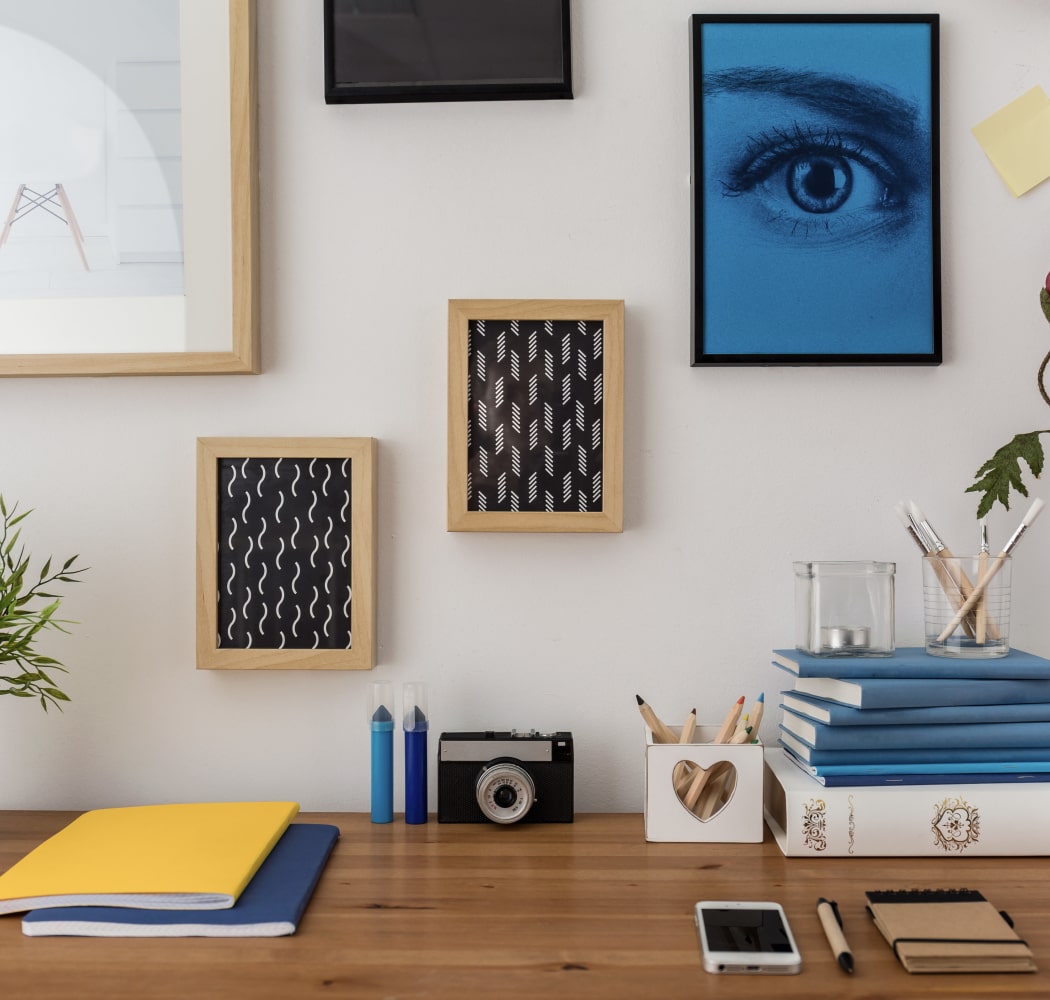 Well-organized home office area in model home at The Arbors of Carrollton in Carrollton, Texas