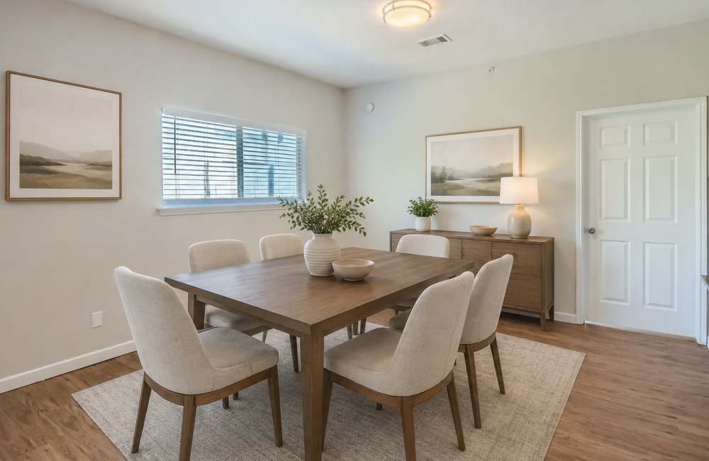 Living room with chair, tv and access to patio at Ascent at Lake Worth in Fort Worth, Texas