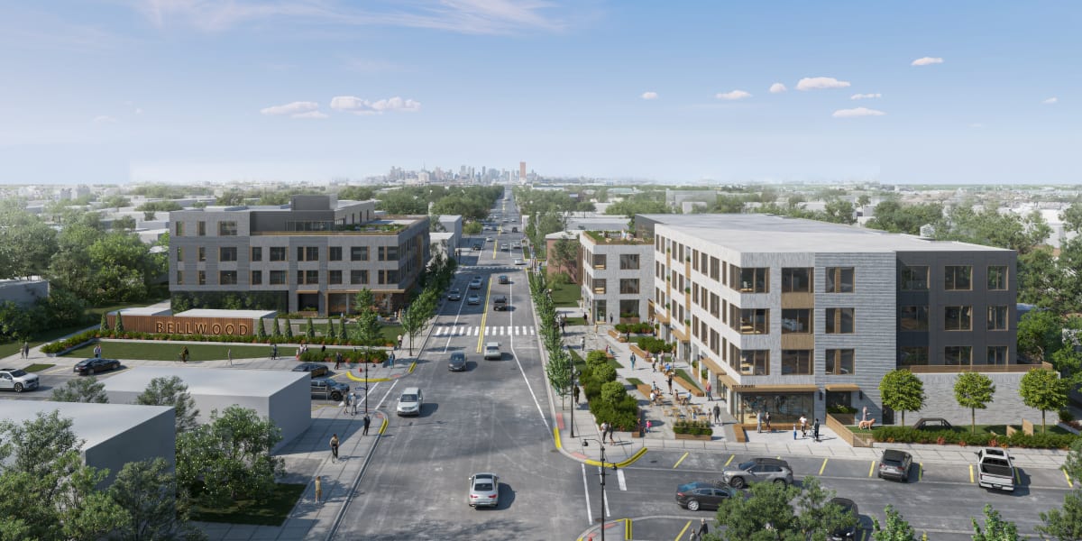 Apartment building exterior at Bellwood Gateway Apartments in Bellwood, Illinois