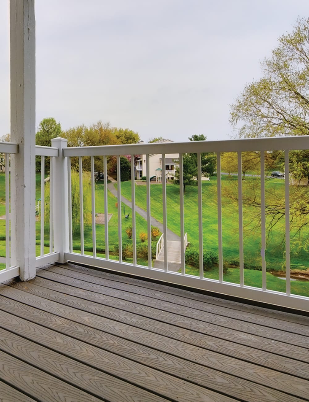 An apartment balcony at Stonecreek Club in Germantown, Maryland