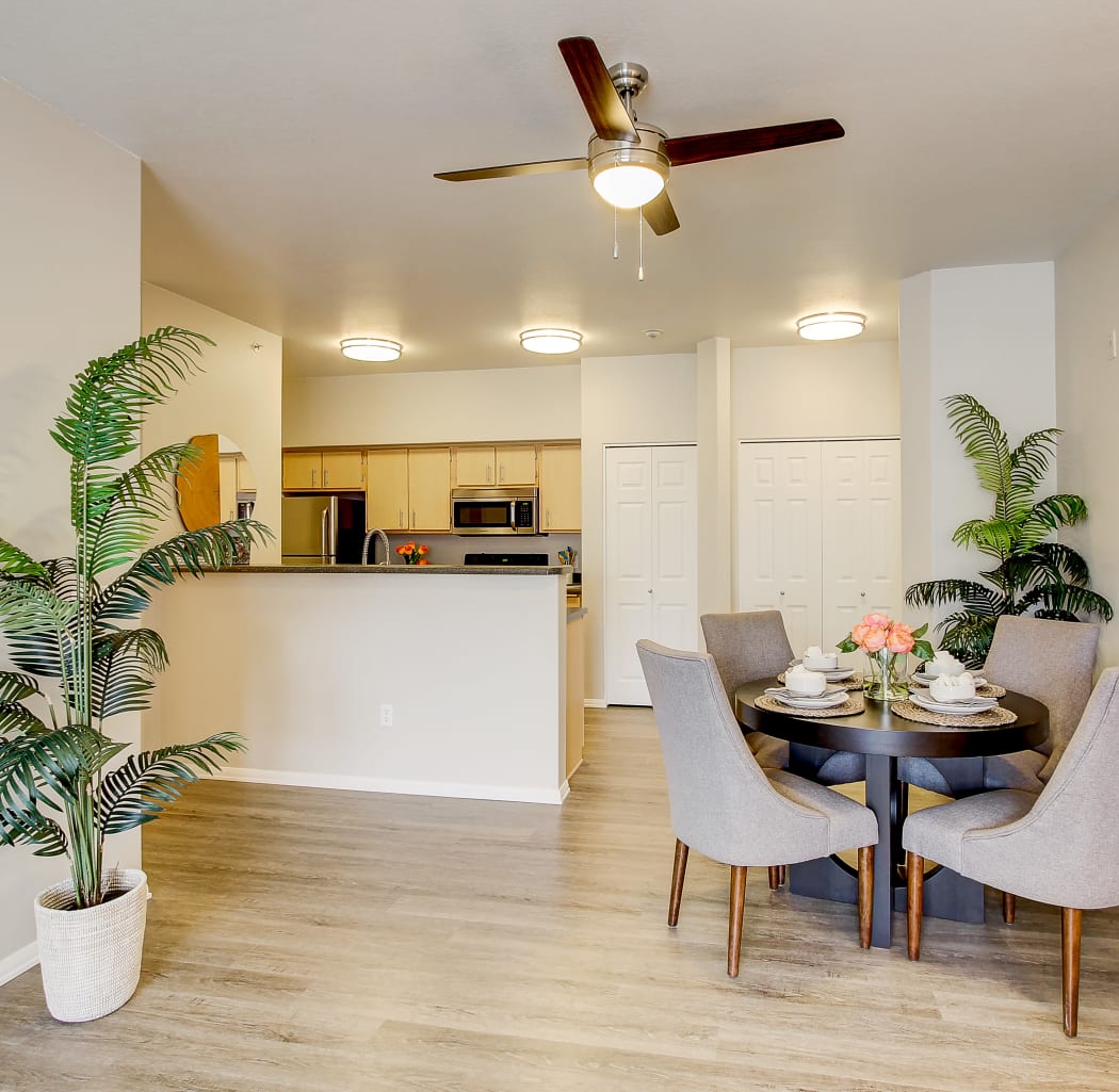 View of the kitchen and dining area with a ceiling fan from a model home's living area at River Trail Apartments in Puyallup, Washington