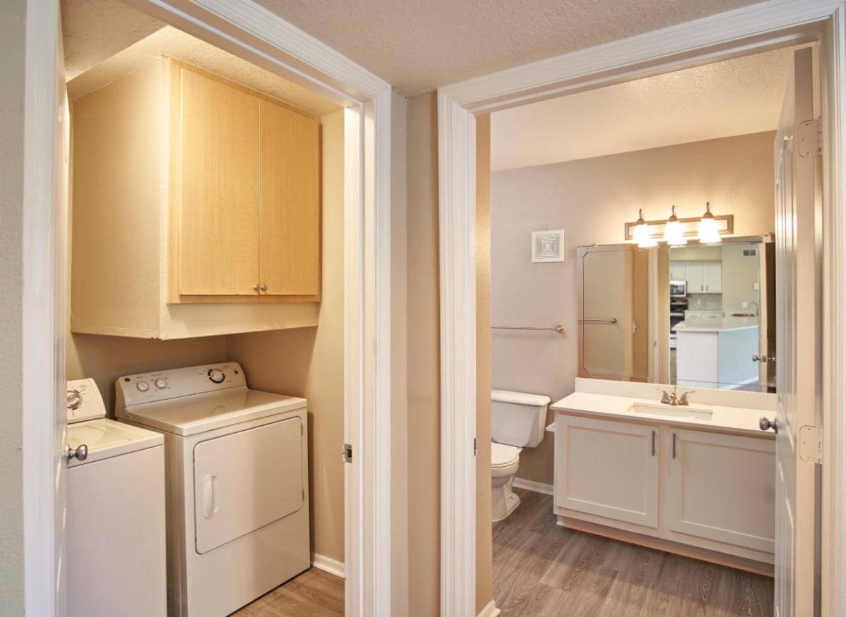 An in-home washer and dryer in model apartment home of Calais Park Apartments in St Petersburg, Florida