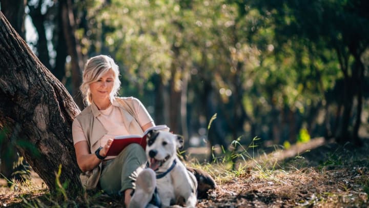 Person reading a book with a dog in nature against a tree 