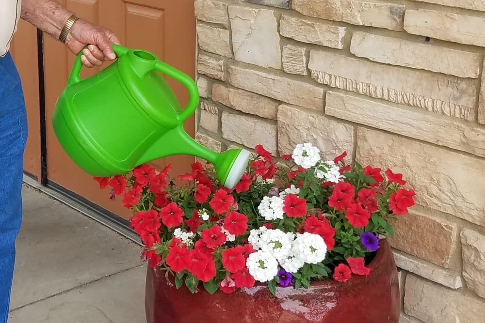 Resident watering plants and gardening at Prairie Hills Cedar Rapids in Cedar Rapids, Iowa.