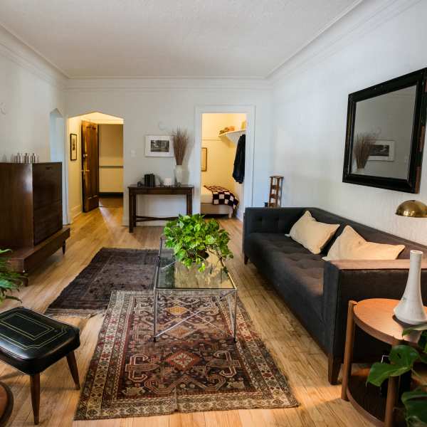 Cozy and comfy living room at Detroit Living in Detroit, Michigan