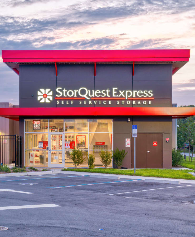 The exterior of the main entrance at StorQuest Express in Ave Maria, Florida