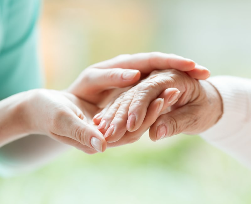 Resident holding a caretakers hand at Willows Bend Senior Living in Fridley, Minnesota
