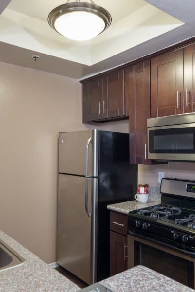 Kitchen with granite countertops at The Joshua Apartments, Los Angeles, California