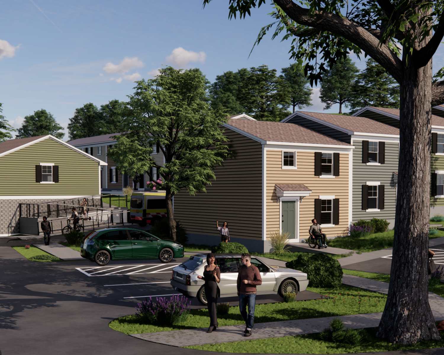 Community exterior with green lawn at Schoolhouse Road Apartments in Sykesville, Maryland