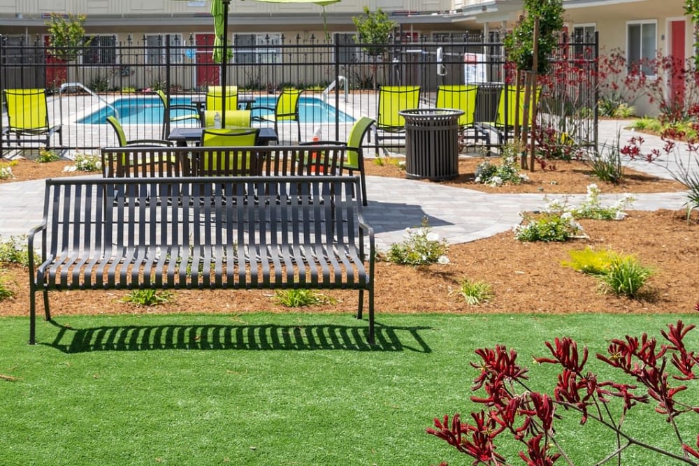 Resident relaxing by the pool at Bon Aire Apartment Homes in Castro Valley, California