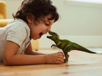 Kid playing with a dinosaur on the wood flooring at North Main in Walnut Creek, California