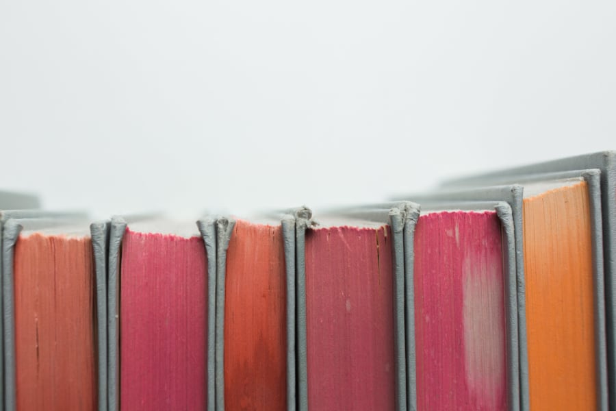 Closeup of a row of schoolbooks at Sofi Belmont Hills in Belmont, California