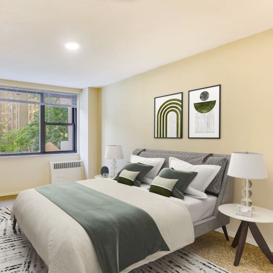 Model apartment with green accents at Tower West Apartments in New York, New York