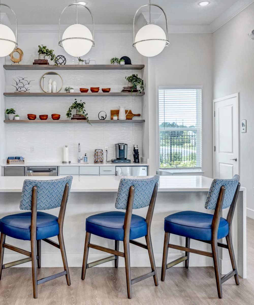 Modern kitchen bar with pendant lighting and seating at The Carlton At Lake Dexter in Winter Haven, Florida