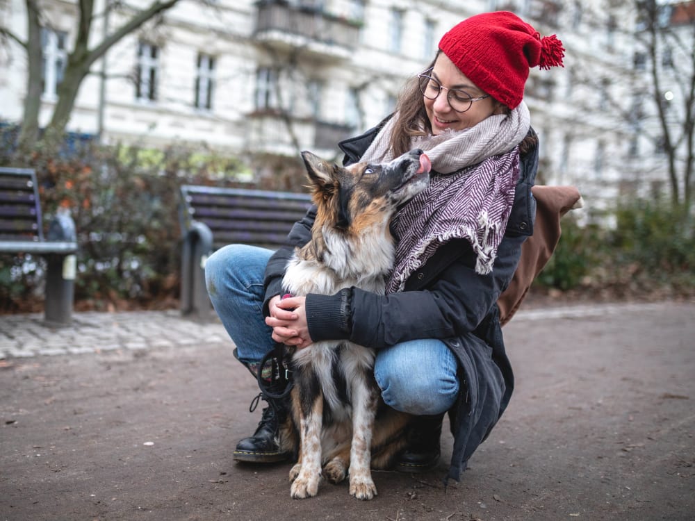 Resident and her dog taking a break from their walk in a park near Brooklyn Yard in Portland, Oregon