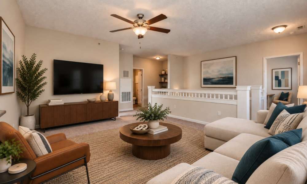 Fully carpeted living room with ceiling fan at Westlake at Morganton in Fayetteville, North Carolina 