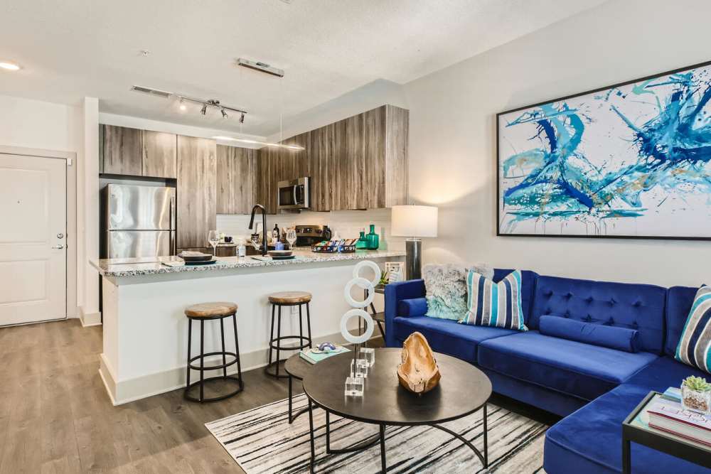 Apartment living room with blue couch, wall art, and ceiling fan at SoBA Apartments in Jacksonville, Florida