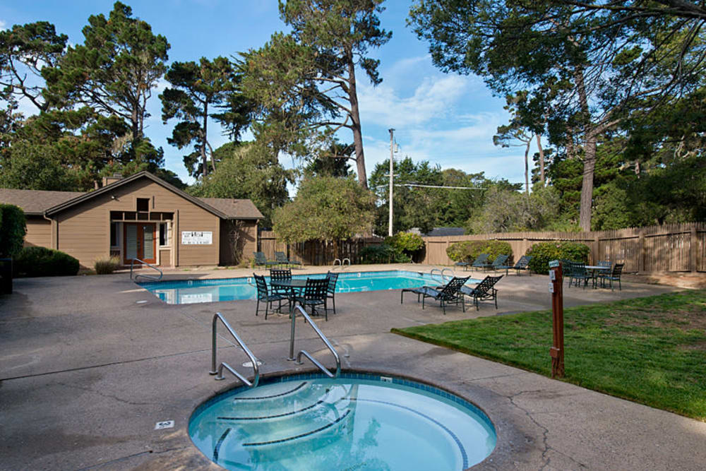 Resort-style swimming pool at Seventeen Mile Drive Village Apartment Homes in Pacific Grove, California