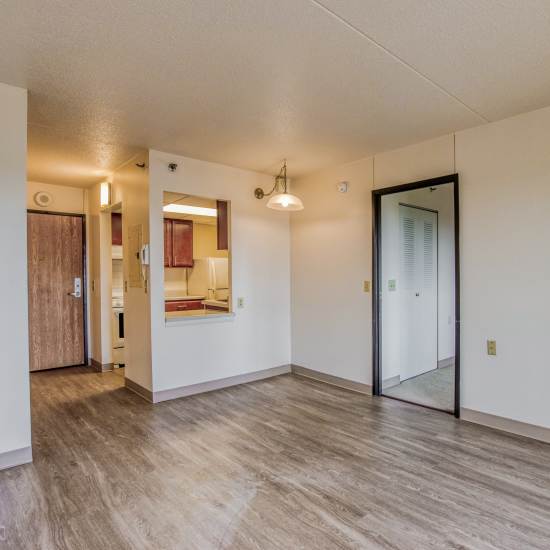 Spacious living room with plank flooring at Village Center in Detroit, Michigan