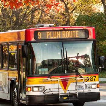 City bus on a street near South View in Ames, Iowa