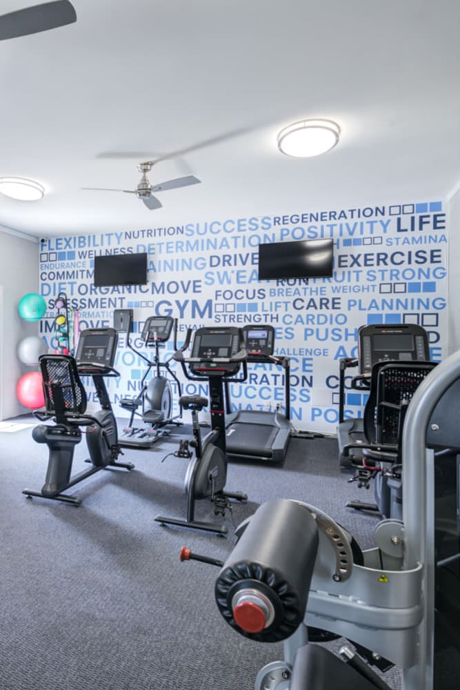 Fitness center with cardio equipment and weight machines at Mapleton Square Apartment Homes in Dover, Delaware
