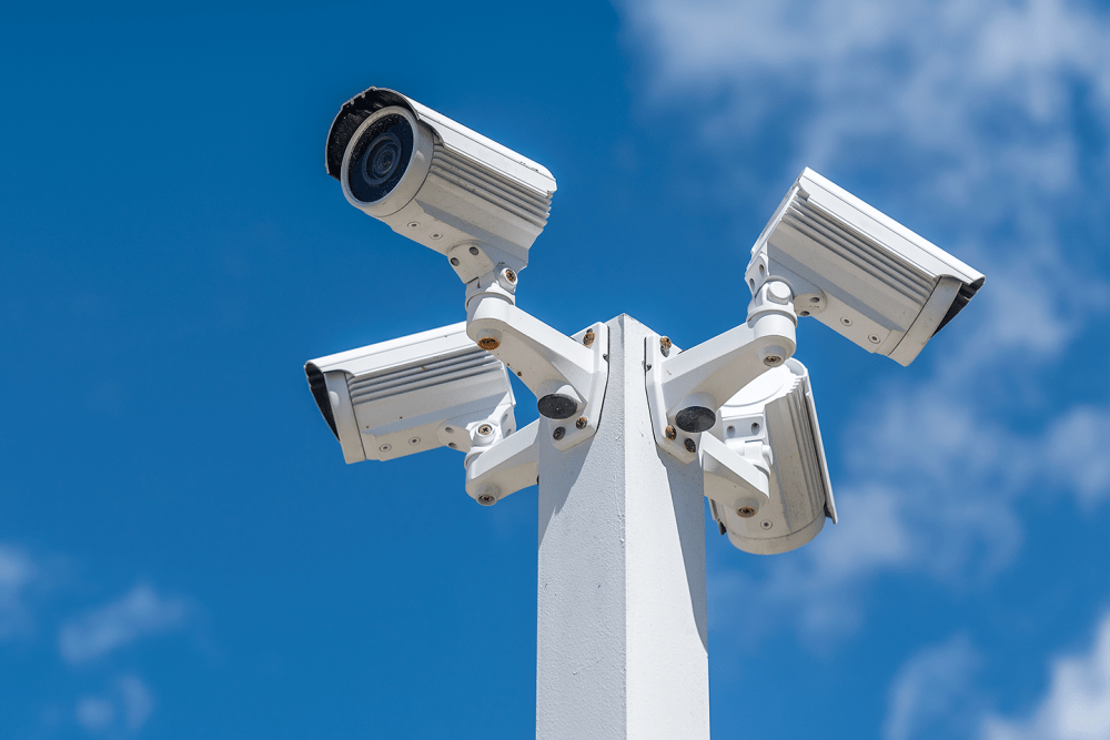 Security cameras mounted on a post at 21st Century Storage in Ocean Township, New Jersey