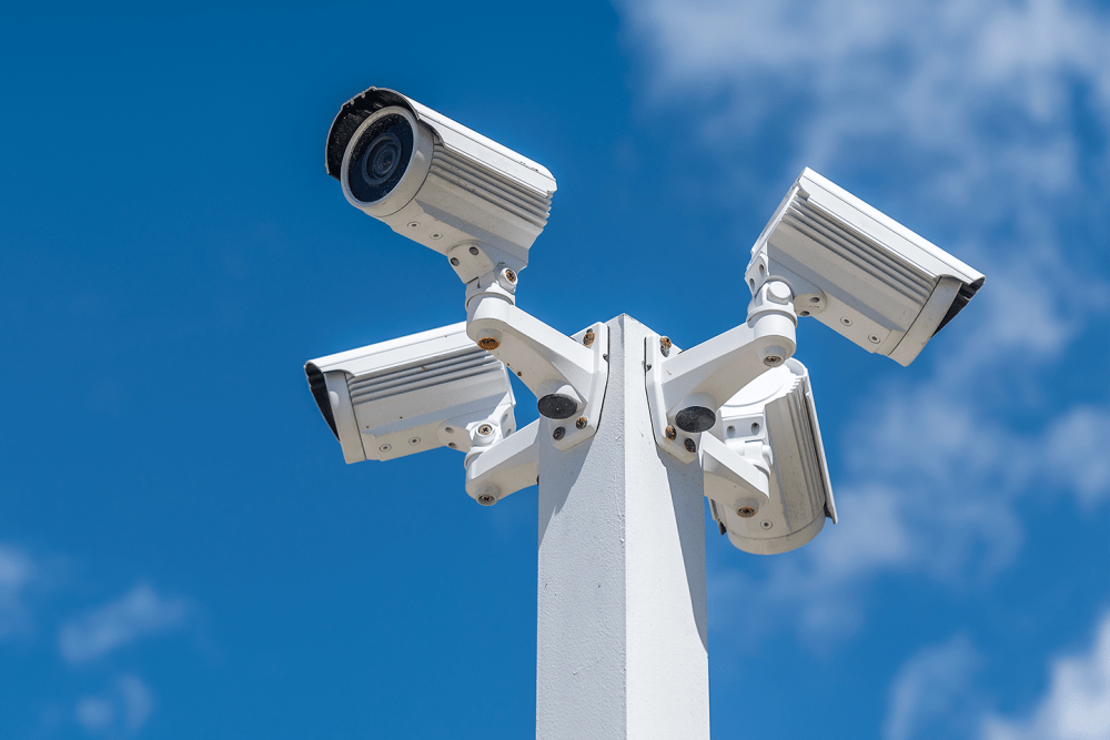 Security cameras mounted on a post at modSTORAGE Skypark in Monterey, California