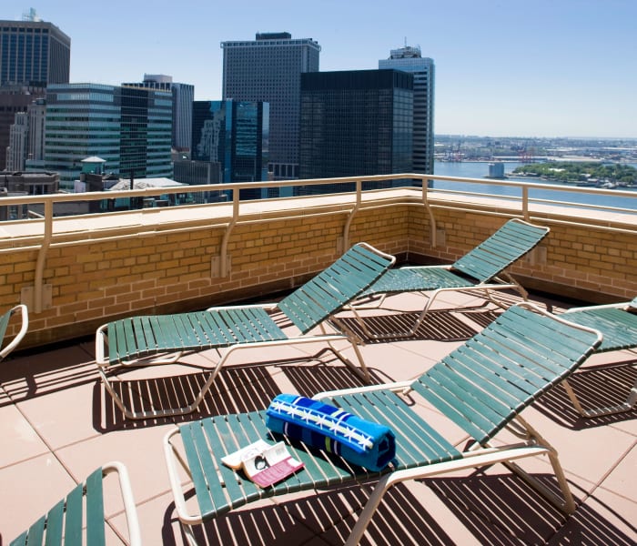 Rooftop patio with a view at 21 West Street in New York, New York