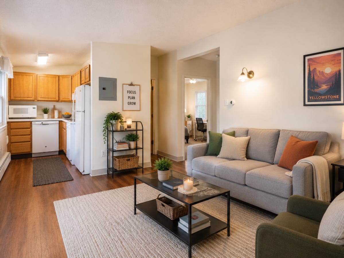 Cozy living room with wood-style flooring and modern kitchen featuring stainless steel appliances and wooden cabinets at South Oak in Ames, Iowa