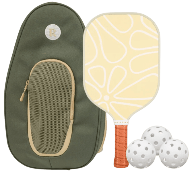 Deep green bag embroidered with an “R,” a lemonade yellow pickleball paddle with white outlines of flower petals on it and three white pickleballs
