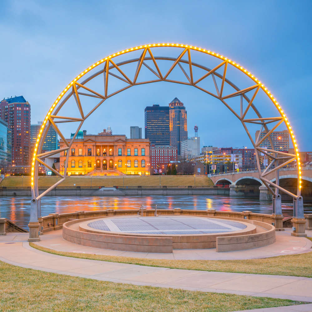 Image of  Des Moines, Iowa skyline and river near East Village Square