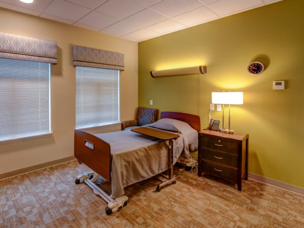 A resident bedroom at Mission Healthcare at Renton in Renton, Washington. 