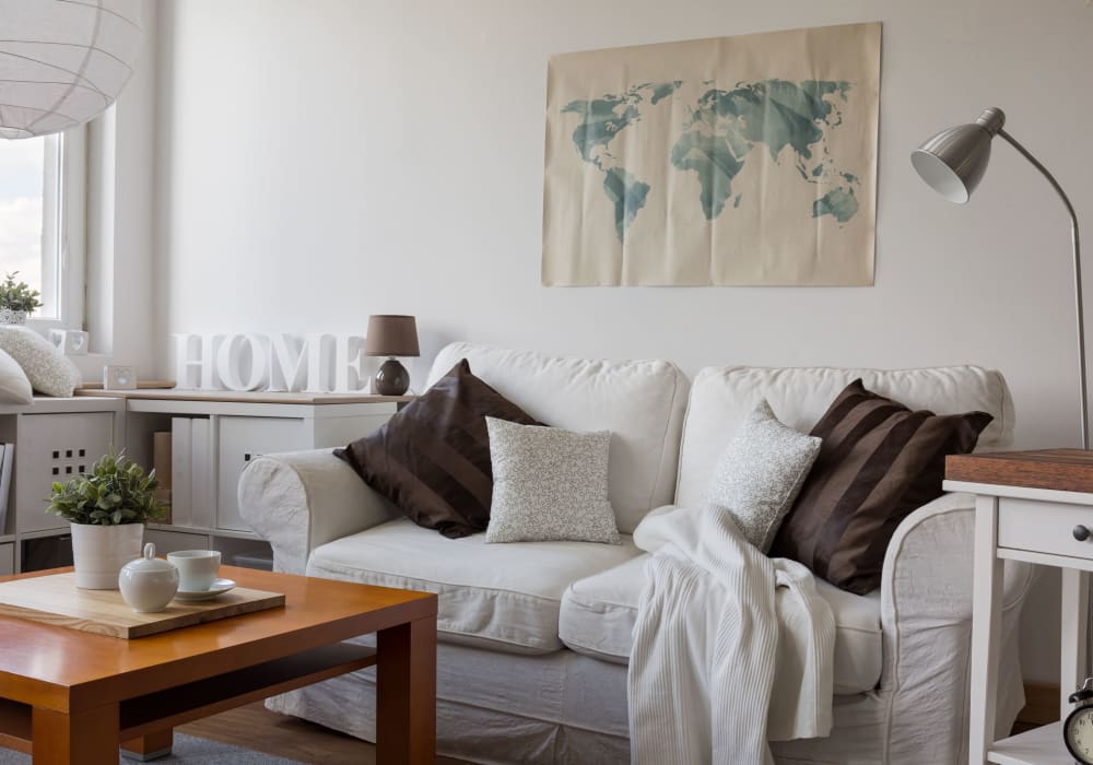 Cozy living room couch at Alcott Place in Baltimore, Maryland