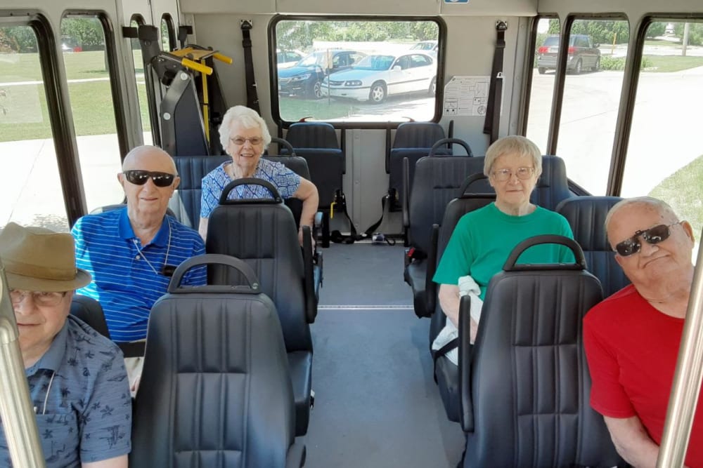Resident bus ride to local activity at Prairie Hills Cedar Rapids in Cedar Rapids, Iowa.