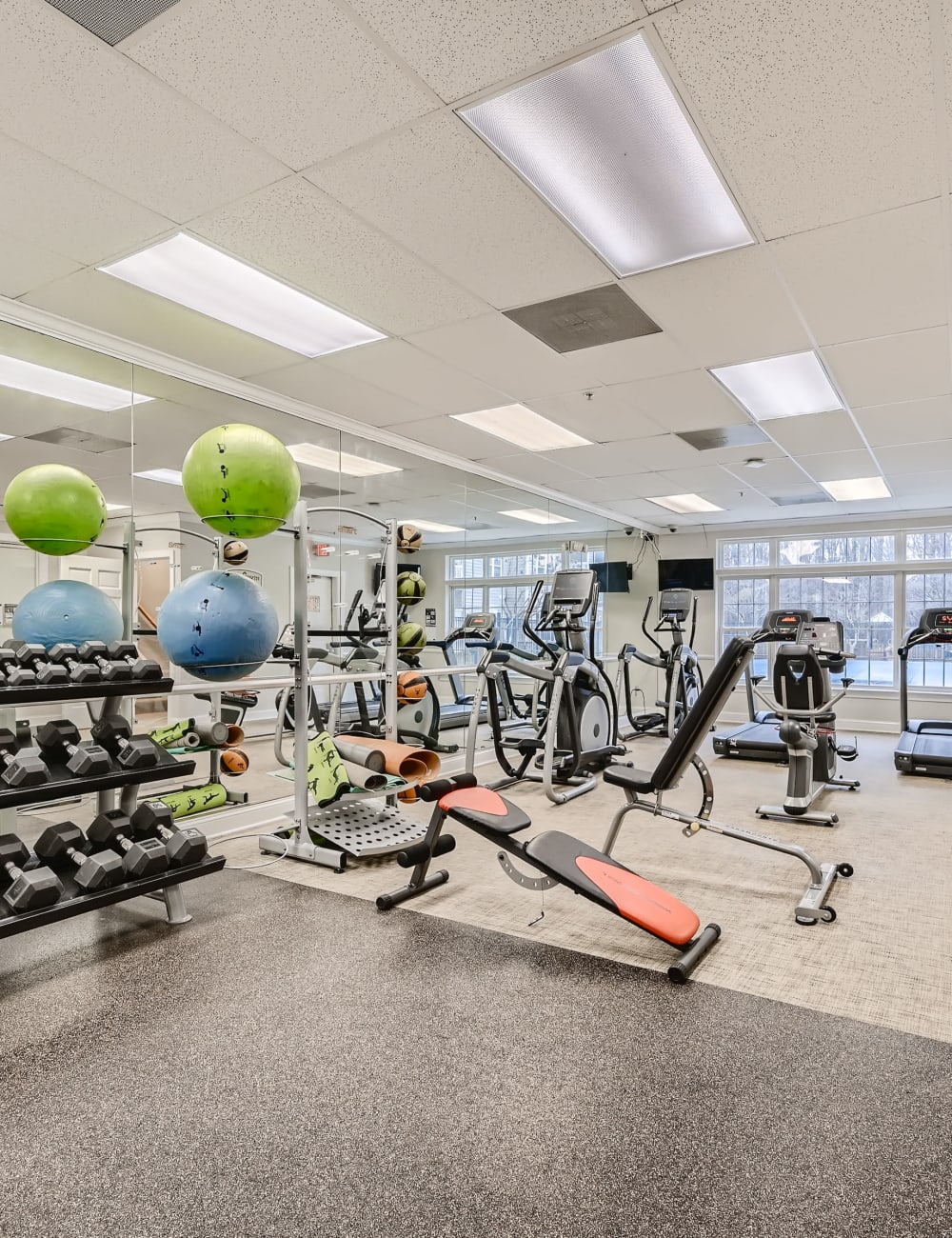 Equipment in the fitness center at Park at Kingsview Village in Germantown, Maryland