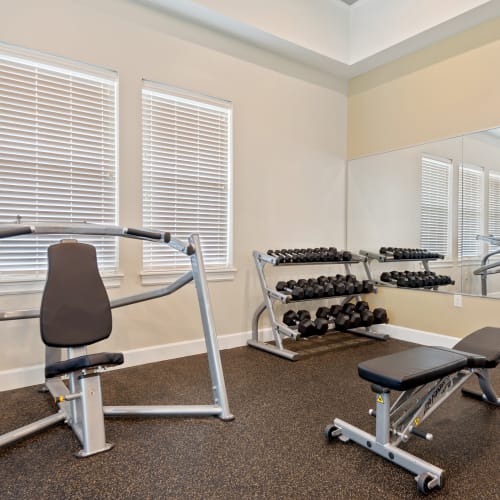 Free weights in the fitness center at Union Square Apartments in North Chili, New York