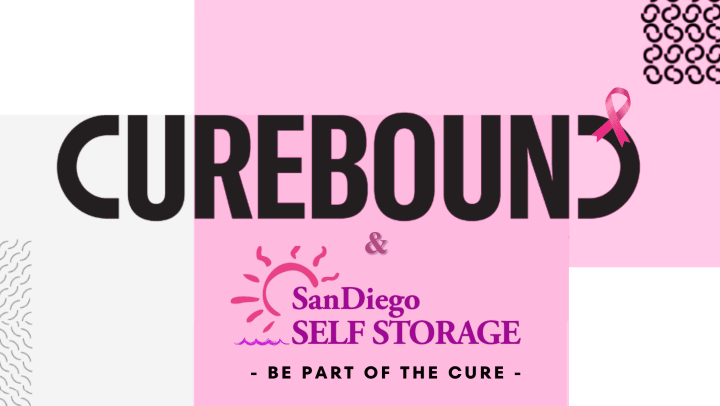 Curebound and San Diego Self Storage partnership banner featuring a bold "CUREBOUND" logo with a pink breast cancer ribbon, the San Diego Self Storage logo in pink and purple, and the message “Be Part of the Cure” on a pink-themed background.