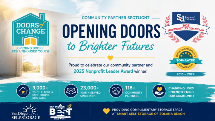 Doors of Change Community Partner Spotlight celebrating its 2025 Nonprofit Leader Award and impact helping 3,000+ unhoused San Diego youth find safe housing, with support from San Diego Self Storage.
