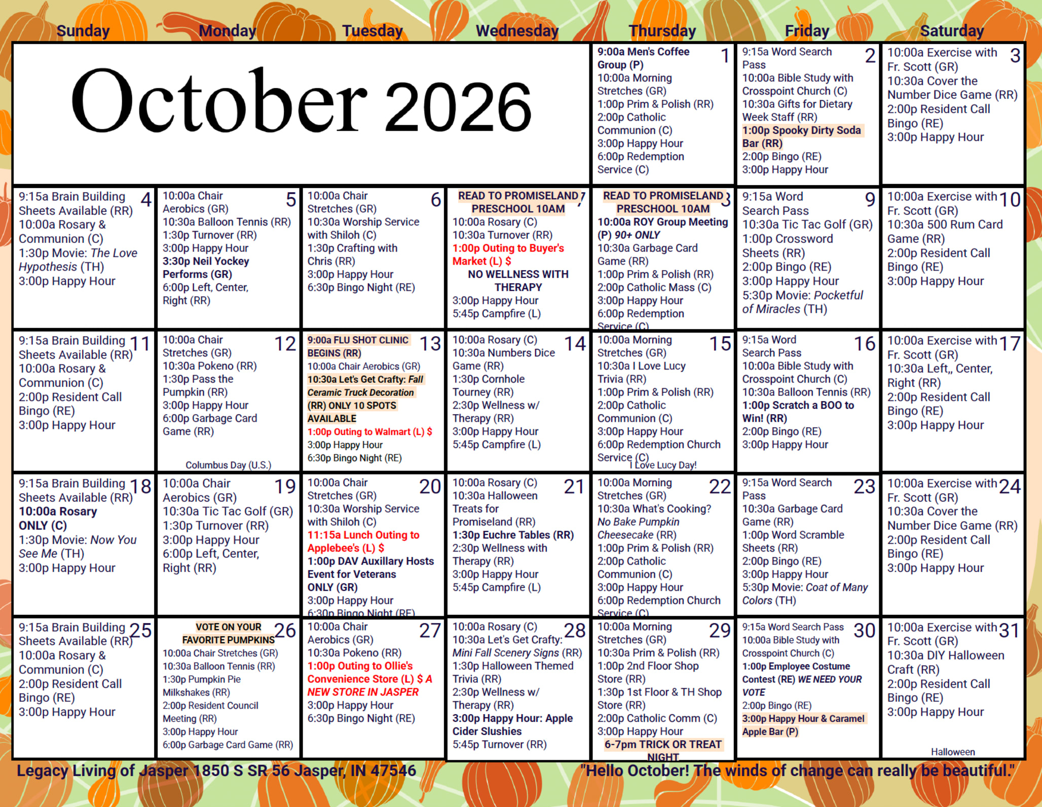 October Calendar at Legacy Living Jasper in Jasper, Indiana