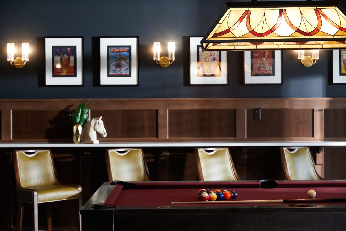 Billiards table in the game room at Amira Roseville in Roseville, Minnesota