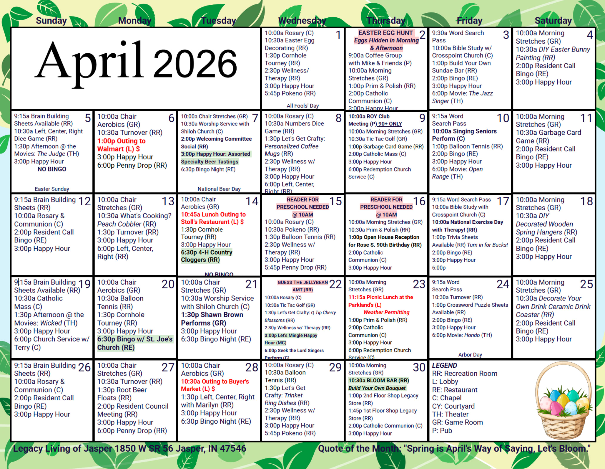 April Calendar at Legacy Living Jasper in Jasper, Indiana