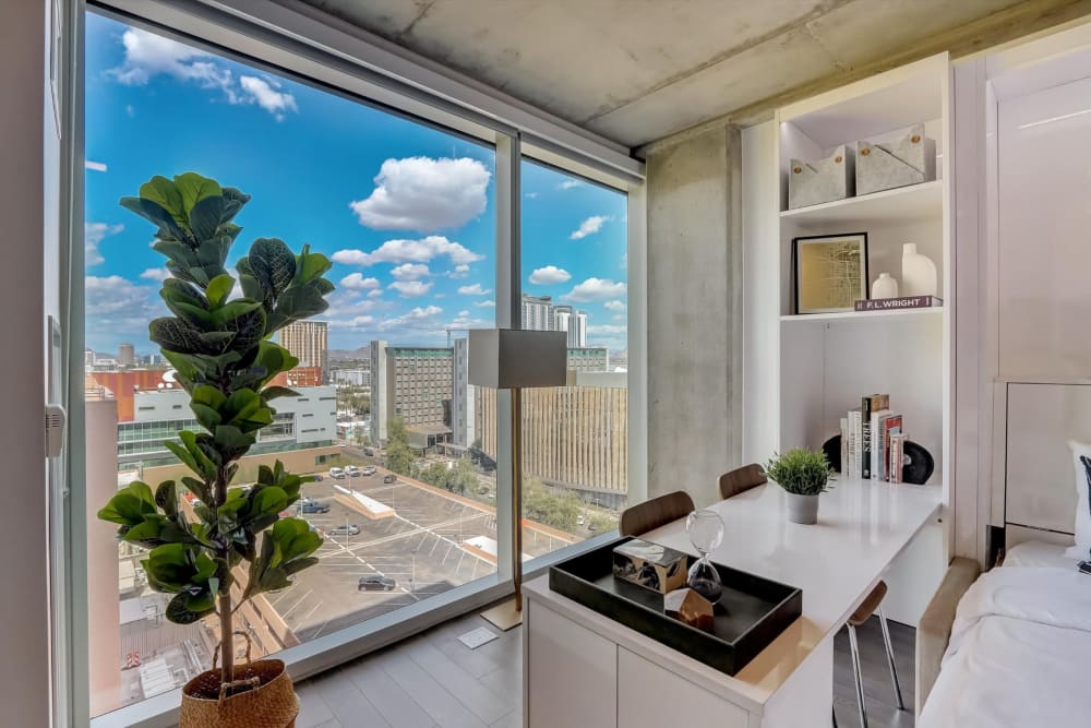 City views from a model apartment at Kenect Phoenix in Phoenix, Arizona