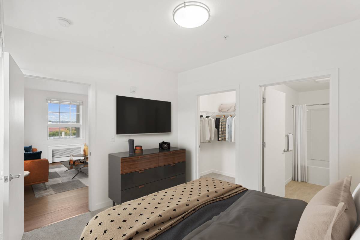 Wood-style flooring in an apartment living room at The Cordelia in Portland, Oregon